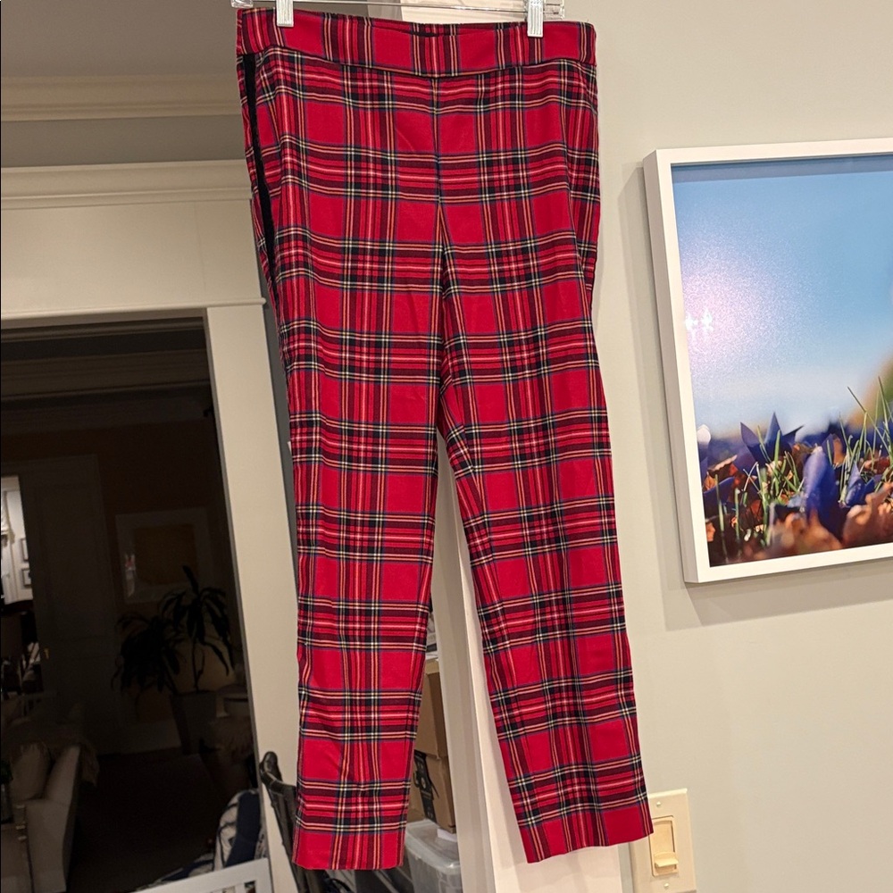 Talbots Red Plaid Trousers with black velvet piping